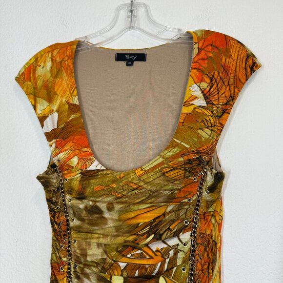 Vintage Y2K Sky Silk Dress Boho Animal Print Chain Detail Bodycon Club Small - Picture 4 of 10